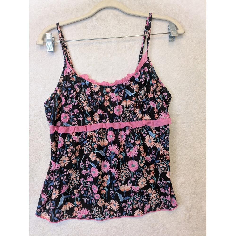 Secret Treasures Camisole Women's M 8-10 Black Pink Floral‎ Ruffle Lettuce Hem